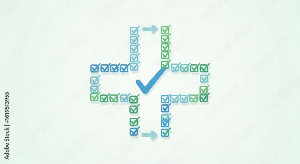 Obraz premium Medical Cross Symbol Made of Checkmarks in Green and Blue Colors with Large Checkmark in Center on Light Background Healthcare Concept