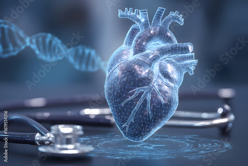 AI generated realistic holographic human heart floating above stethoscope with DNA and medical data interface in futuristic blue tone concept of precision diagnosis