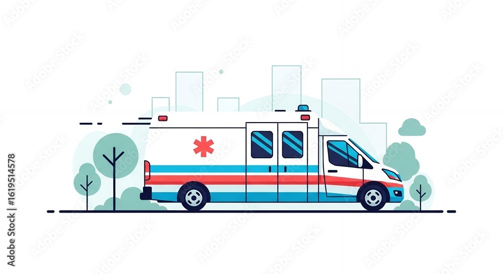 Fototapeta premium Pixel Art Ambulance With Red and Blue Stripes on White Body and Abstract Cityscape Background