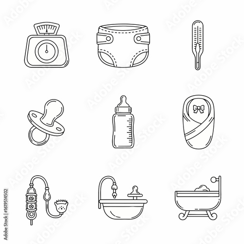 Line art illustrations of baby care items, including a scale, diaper, and bath.