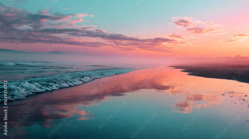 Fototapeta premium Romantischer Sonnenuntergang am Strand mit reflektierendem Wasser 