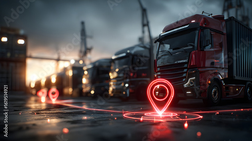 LKWs auf Logistikplatz mit digitalem GPS-Tracking bei Sonnenaufgang
