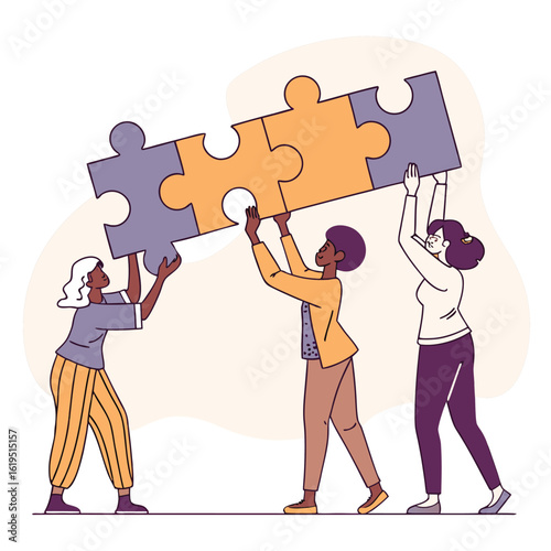 Diverse stylized figures assembling puzzle pieces together collaboration teamwork