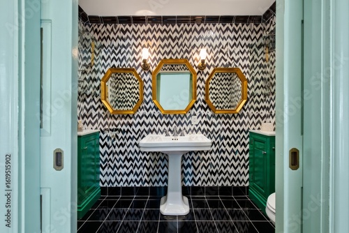 Eclectic Bathroom Design with Bold Patterned Wallpaper and Hexagonal Mirrors