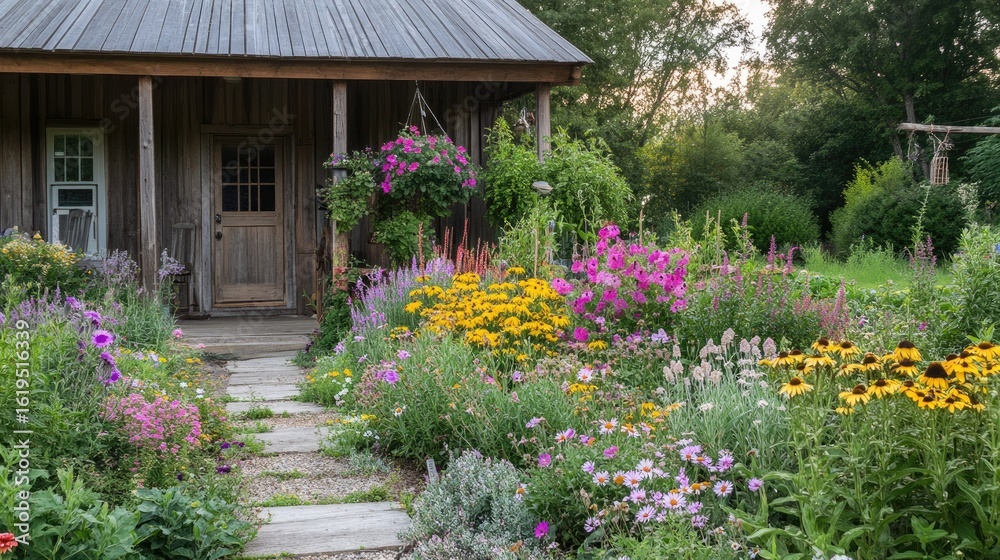 Fototapeta premium Rustic Wooden Cabin with Vibrant Flower Garden