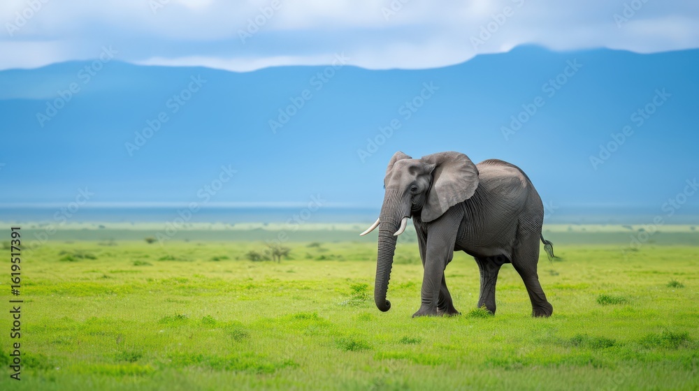Fototapeta premium A lone elephant bull in Amboseli National Park, Kenya, captured mid-step on the grassy plains, looking directly at the camera with wise, expressive eyes.