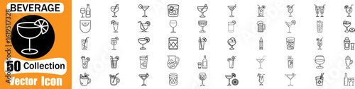 Beverage icon set. Drinks icon set. Containing water, coffee, tea, drinking, glass, soda, cocktail, bottle, wine, beverage, and more. Editable stroke. Vector illustration