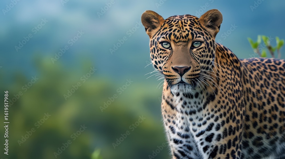 Obraz premium A stunning close-up of a leopard face with sharp, intense eyes locked on the camera, highlighting its spotted coat and powerful expression in vivid detail.