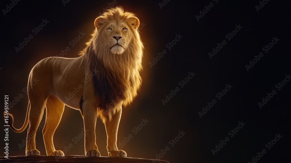 Obraz premium Close-up of a majestic lion in the dark, golden mane softly glowing against a black background, creating an elegant and mysterious composition with copy space.