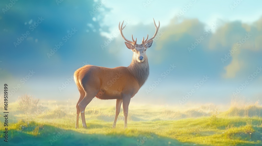 Fototapeta premium Close-up of a red deer in the morning sun, its fur glowing with warmth, surrounded by soft haze and the quiet beauty of daybreak.