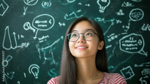Young woman contemplates ideas on a blackboard.