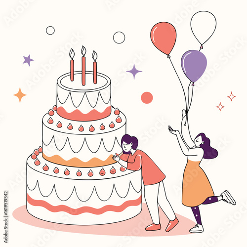 Festive celebration with tiered cake and balloons birthday party