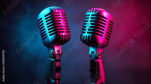 Retro style microphones duo in vibrant neon blue and pink lighting dual pair music audio stage color .