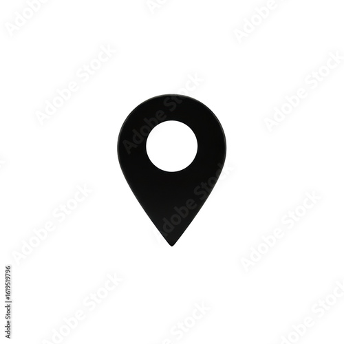 A minimalist solid black map pin icon with a white circle precisely embedded, isolated on a pristine plain white background with a thin horizontal line, photorealistic, high contrast. Concept for