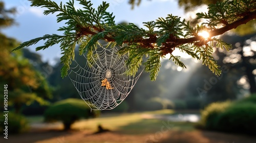 Beautiful dewy spiderweb on branch