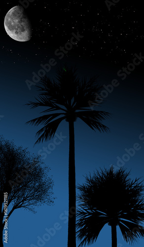 A tranquil night sky with a crescent moon and a canopy of stars, casting the silhouettes of three palm trees against a deep blue gradient
