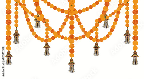 Festive marigold garlands with decorative tassels evoking traditional celebrations and ornate charm