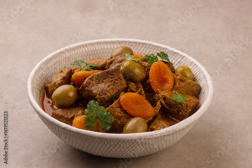 Traditional Moroccan Lamb Tagine With Apricots. 