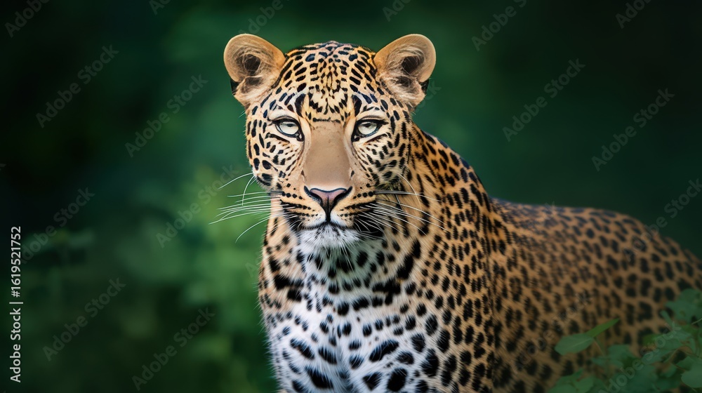 Fototapeta premium Powerful close-up of a leopard face, eyes blazing with intensity and alertness, emphasizing the raw beauty and strength of this elusive big cat.