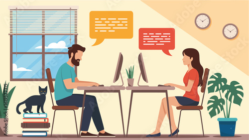 Flat Vector Illustration of Remote Work from Home – People Working in Home Office Setup with Computers, Plants, and Cat Representing Freelance and Online Work Concept

