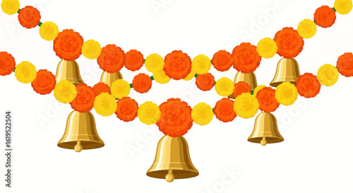Festive toran decoration with marigold flower garlands and auspicious golden bells