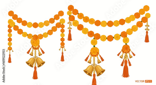 Vibrant festive indian decoration garland of orange and yellow marigold flower strands with golden