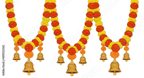 Festive floral garlands with golden bells ornamentation for ritualistic celebrations