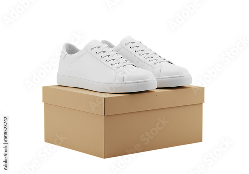 New White Sneakers in Cardboard Box on Transparent background
