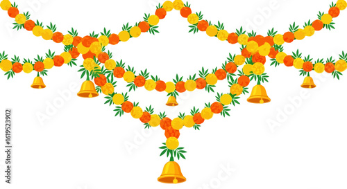 Festive floral decoration for celebration featuring marigolds and bells against a white background