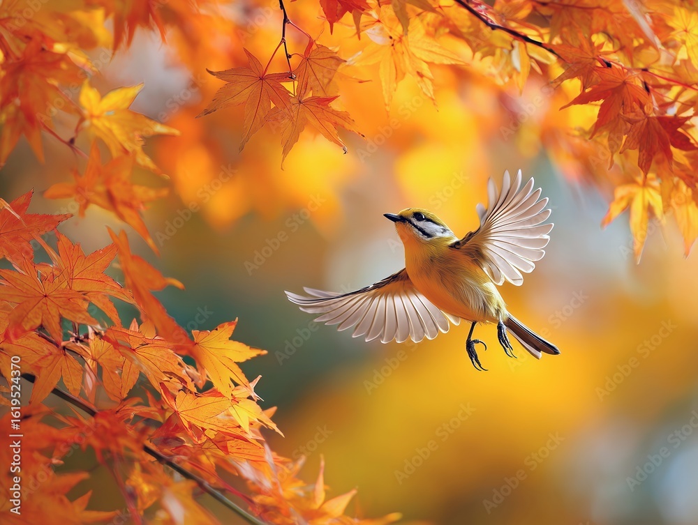 Obraz premium 紅葉の楓の中を羽ばたく小鳥