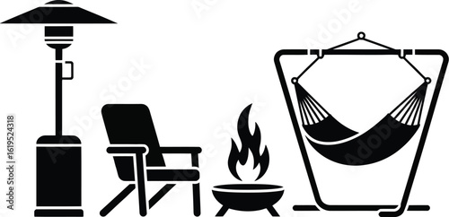 A black and white graphic of outdoor furniture including a hammock and patio heater
