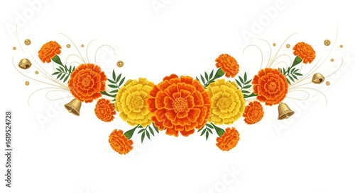 Floral arrangement featuring marigold flowers golden bells and delicate swirls suitable for