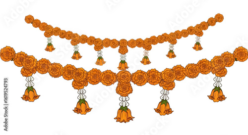 Traditional floral marigold garland decoration for festive occasions celebration, bright artwork