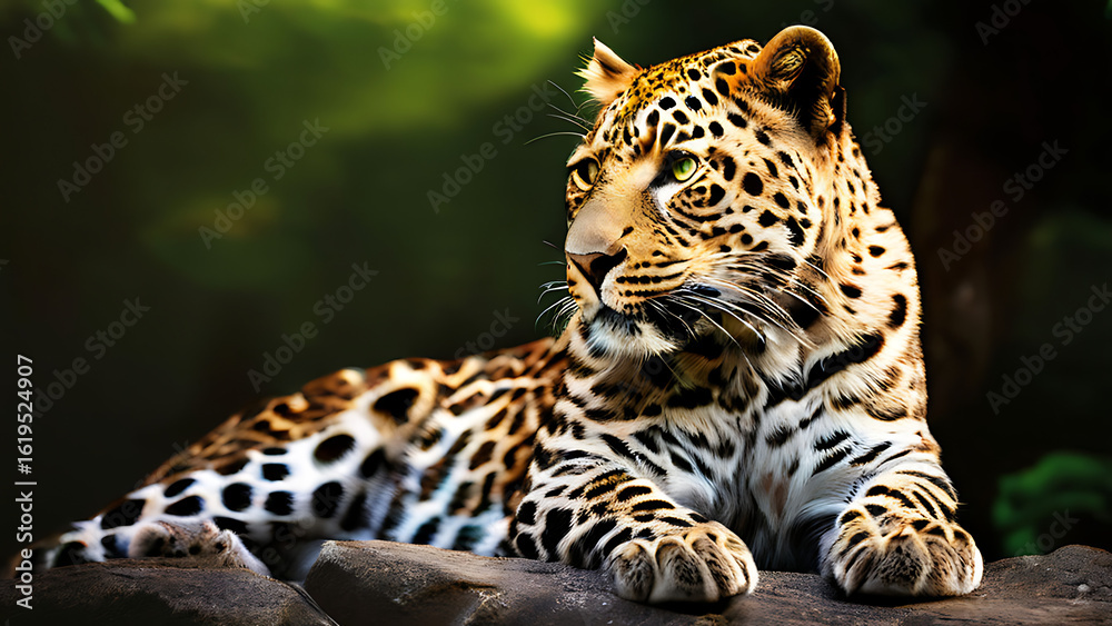 Obraz premium A leopard in the Jungle sitting on the rock searching for his hunt. Majestic Leopard Portrait in a jungle Winter Forest .
