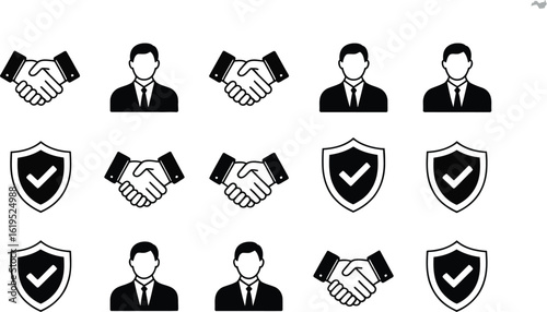 A collection of black and white icons depicting business deals and security shields