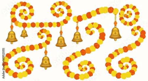 Festive marigold garlands and ceremonial golden bells adorning a vibrant celebratory backdrop