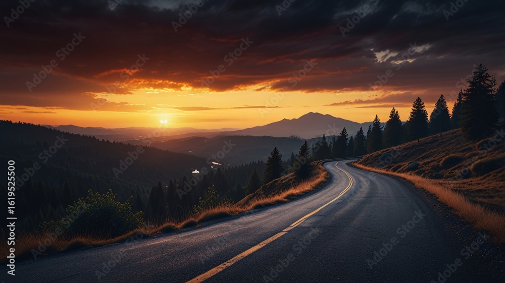Fototapeta premium Winding Mountain Road at Sunset – Cinematic Forest Landscape Art V5