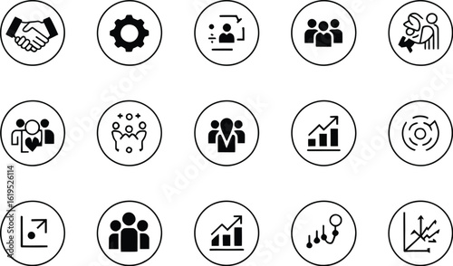 A collection of business and teamwork related icons arranged on a light background