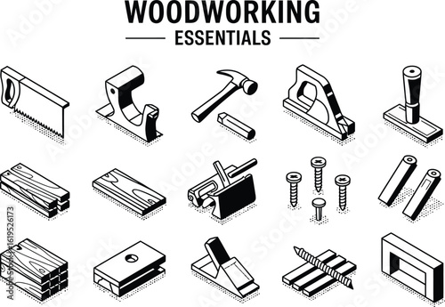 Isometric illustration of woodworking tools including saw hammer and wood planks