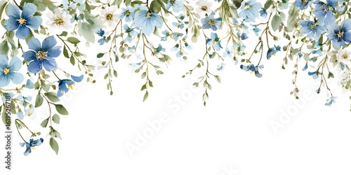 A white background with a delicate watercolor floral garland hanging down the border, featuring blue and white flowers and green leaves