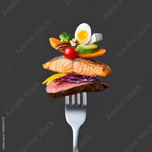 Stack of healthy food ingredients on a fork against gray background
