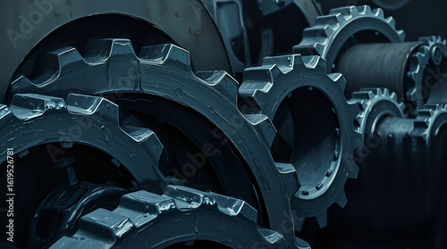 Featuring dark grey metal gears Cogs of Innovation: A mesmerizing abstract backdrop featuring intricate metallic gears and interconnected nodes, representing the complex interplay of technology, 