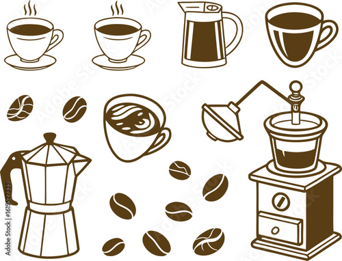 Coffee collection with cups kettle beans grinder and moka pot saucer steam