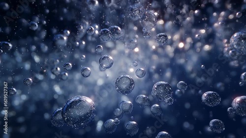 Highresolution macro shot of sparkling bicarbonate ions diffusing through clear water after CO2 absorption highlighting molecular conversion.