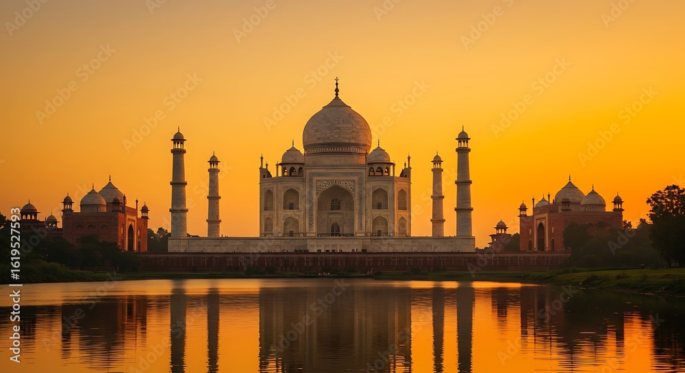 Obraz premium Magnificent Taj Mahal at Sunrise with River Reflection Golden Light Agra India Tourism and Travel Photography