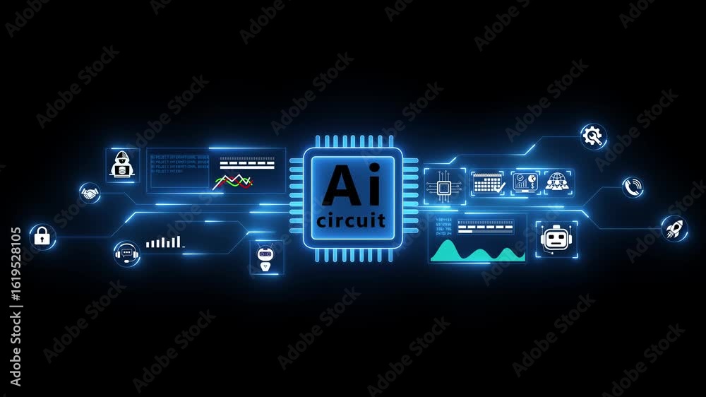 Artificial Intelligence processor unit. Powerful Quantum AI circuit with icons transfers. Modern technology innovation showcasing AI chip and circuit design in vibrant colors 4k motion motion video. Artificial Intelligence processor unit. Powerful Quantum AI circuit with icons transfers. Modern technology innovation showcasing AI chip and circuit design in vibrant colors 4k motion motion video.