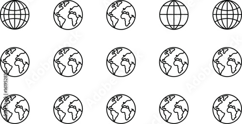 Fifteen earth globe icons arranged in three rows on a light gray background view