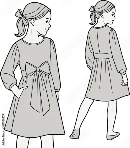 Illustration of a girl in a dress with a bow and long sleeves