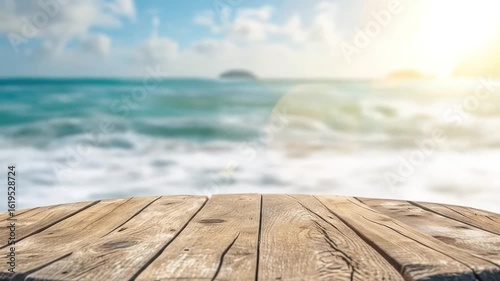 Wooden with Tropical Beach and Ocean Background Table, placement background, Creative product platform stage mockup, presentation