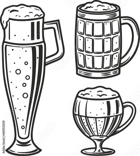 Empty transparent beer glass and vector mug of beer on an isolated white background